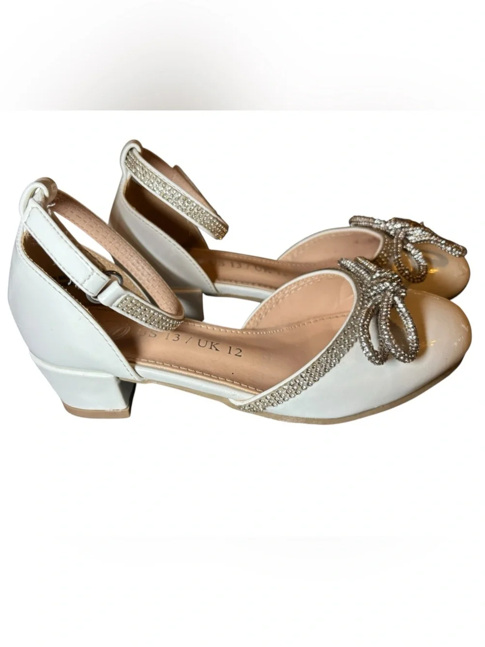 Embellished White Ankle-Strap Flats with Crystal Bow